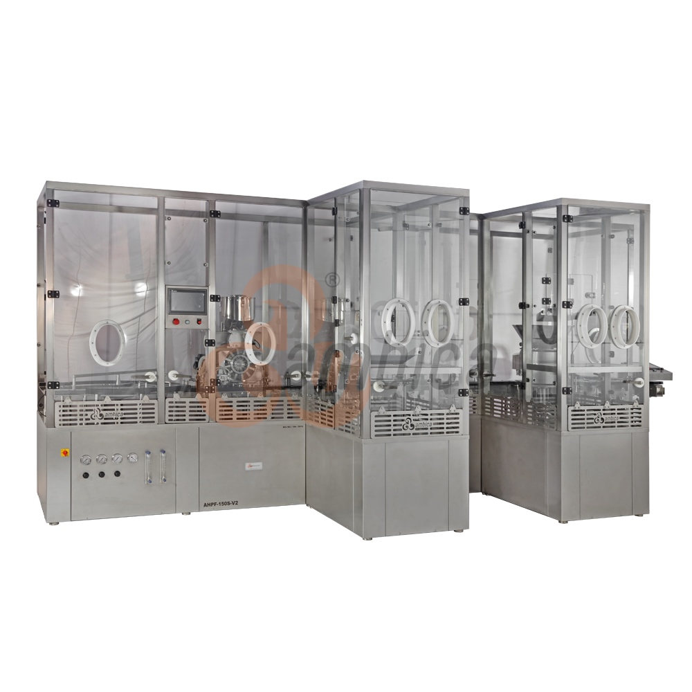 Automatic High Speed Multi Axis Servo Driven Injectable Dry Powder Filling with Pick and Place Type Rubber Stoppering Machines. Models: AHPF-150S & AHPF-300S